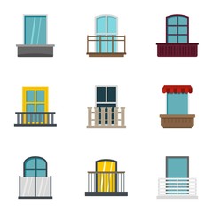 Construction balcony icon set, flat style