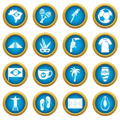 Brazil travel symbols icons blue circle set