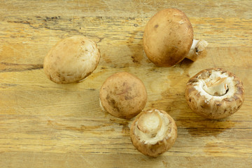 Close up of raw rinsed whole baby portabello mushrooms on rustic old cutting board