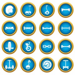 Balancing scooter icons blue circle set