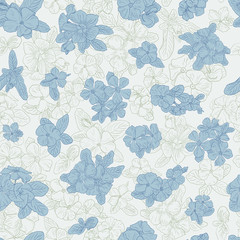 Seamless pattern with flowers on background. Wallpaper with flower texture. Green and blue on white background