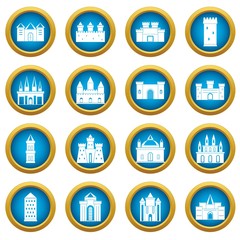 Towers and castles icons blue circle set