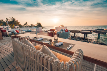 Beach restaurant, beach bar in sunset time
