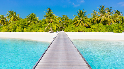 Vacation holidays background wallpaper, two beach lounge chairs under tent on beach. Beach chairs, umbrella and palms on the beach. Tropical Holiday Banner.