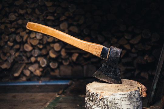Axe for chopping firewood in the barn