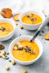 Fresh homemade soup. Carrot, sweet potato or pumpkin dish