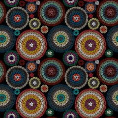Panele Szklane Podświetlane  Wzór haftu Ornament z kolorowe koła na czarnym tle. Ilustracja wektorowa