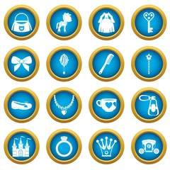 Doll princess items icons blue circle set