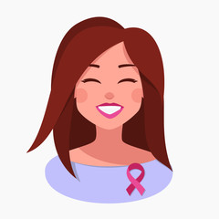 Happy Smiling Woman with Pink Ribbon. Vector Breast Cancer Awareness. National Breast Cancer Awareness Month. Vector Illustration isolated from background. girl recovered from breast cancer