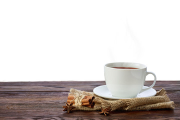 White mug on wooden table