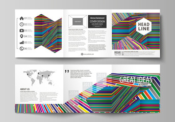Set of business templates for tri fold square design brochures. Leaflet cover, abstract vector layout. Bright color lines, colorful style with geometric shapes forming beautiful minimalist background.