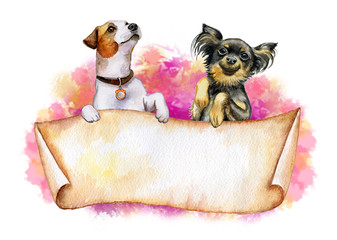 Banner and ribbon. Vintage paper. Yellow roll of paper with dogs. Papyrus. Watercolor. Illustration