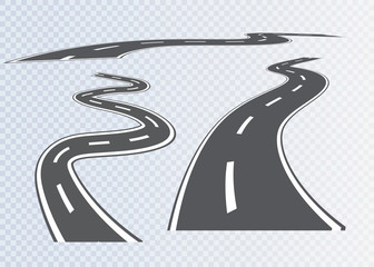Road with white stripes on a plaid background. Set curved routes