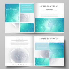 The minimalistic vector illustration of the editable layout of two covers templates for square design brochure, flyer, booklet. Chemistry pattern. Molecule structure. Medical, science background.