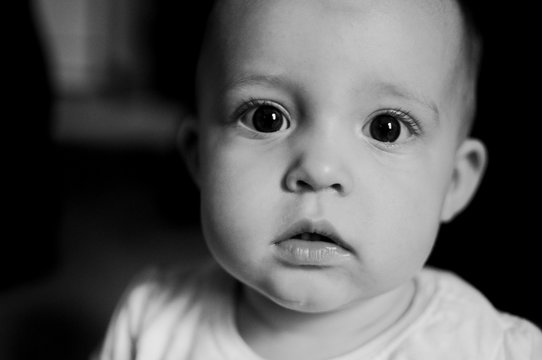 Black and white portrait of a one year old baby