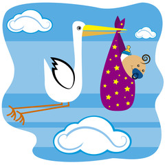 stork flying with baby