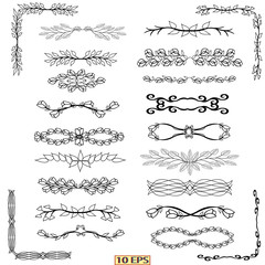 Borders and corners in black color for web design. Swirls ornament vector page dividers. Vector illustration.