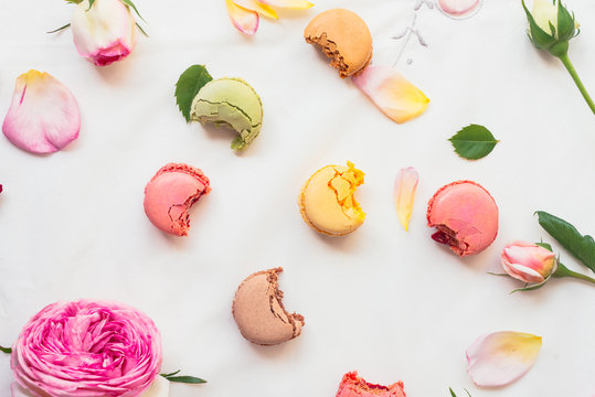 colourful macarons with bites taken out