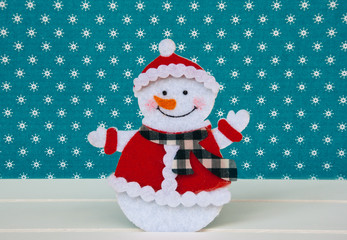 New year wallpaper snowman on blue background with snowflakes. Christmas card idea.Space for text. Corporative postcard.