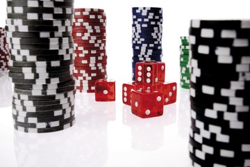 Poker chips and dice, die