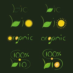 Set of vector bio and organic logo or sign with sun and leaves