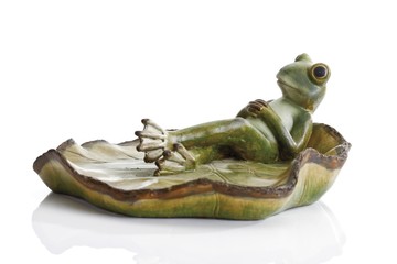 Decor, frog laying back on lotus leaf