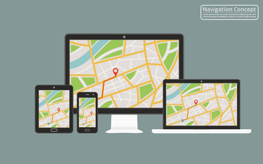 Concept of responsive navigation application for desktop computer, laptop, tablet, mobile phone with gps navigation map on screen