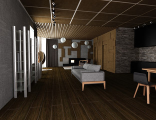 3D Illustration of modern flat with wooden panels, hardwood floor and gray linen walls, loft style