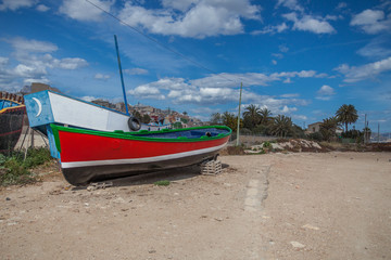 Obraz na płótnie Canvas a red boat on a beach with blue sky and palm trees