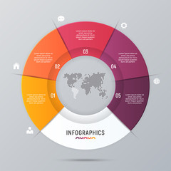 Vector circle chart infographic template for presentations, advertising, layouts, annual reports. 5 options, steps parts