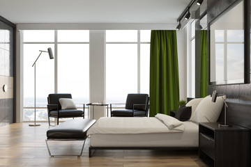Gray bedroom interior, poster, side view