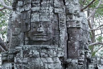 Stone sculpture, face of Bodhisattva Lokeshvara on a monumental tower in the Ta Som Buddhist Temple, Siem Reap, Cambodia, Southeast Asia, Asia
