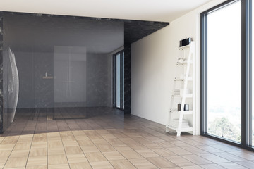 Marble bathroom interior, glass shower stall