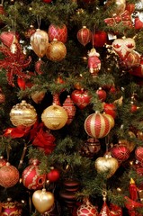 Detail shot, colourful Christmas ornaments hung on Christmas tree