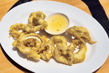 Thai prawns in fried pasta with sweet and sour sauce - selective focus
