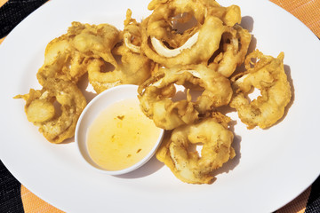 Thai prawns in fried pasta with sweet and sour sauce - selective focus