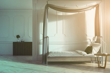 White bedroom interior, single bed, toned