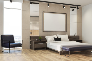 Light gray bedroom interior, poster, armchair