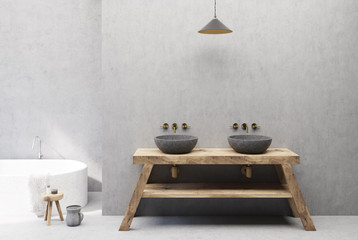 Concrete and wooden bathroom interior, double sink
