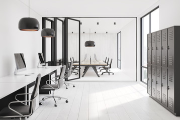 Open space office, gray lockers, white walls