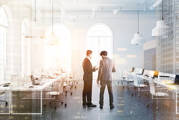 White open space office, concrete floor, men