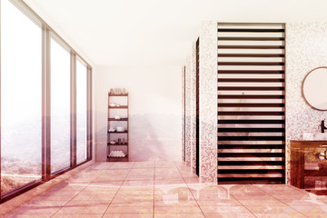 White tiled bathroom, shower, toned