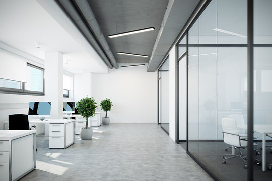 Open space office,glass and white walls