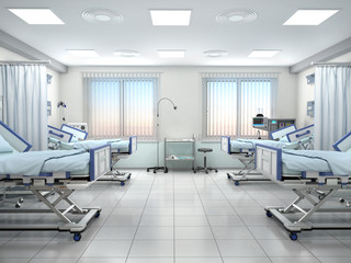hospital room with beds in blue tones. 3d illustration