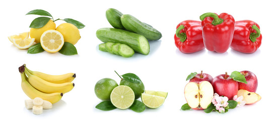Obst und Gemüse Früchte Apfel Bananen Zitrone Farben Collage Freisteller freigestellt isoliert