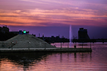 Night embankment of the river Dnepr.. Evening Lighting. Dnepropetrovsk, Dnipropetrovsk, Dnipro city, Ukraine.