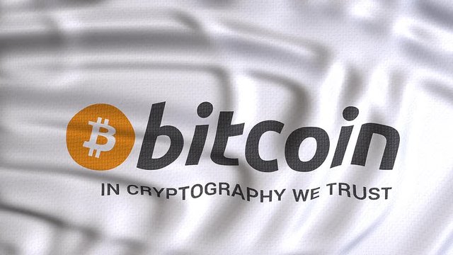 bitcoin flag waving with text in cryptography we trust. Crypto currency illustration concept