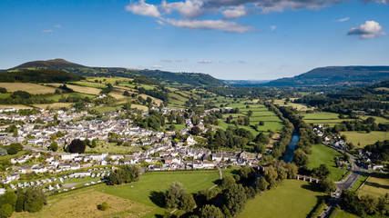 The rural town of Crickhowell in South Wales viewed from the air