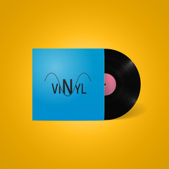 Vintage vinyl record in a blue paper case with logo. Retro vector illustration on yellow background.