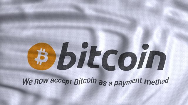 we now accept bitcoin as a payment method white flag waving. Financial crypto currency logo animation